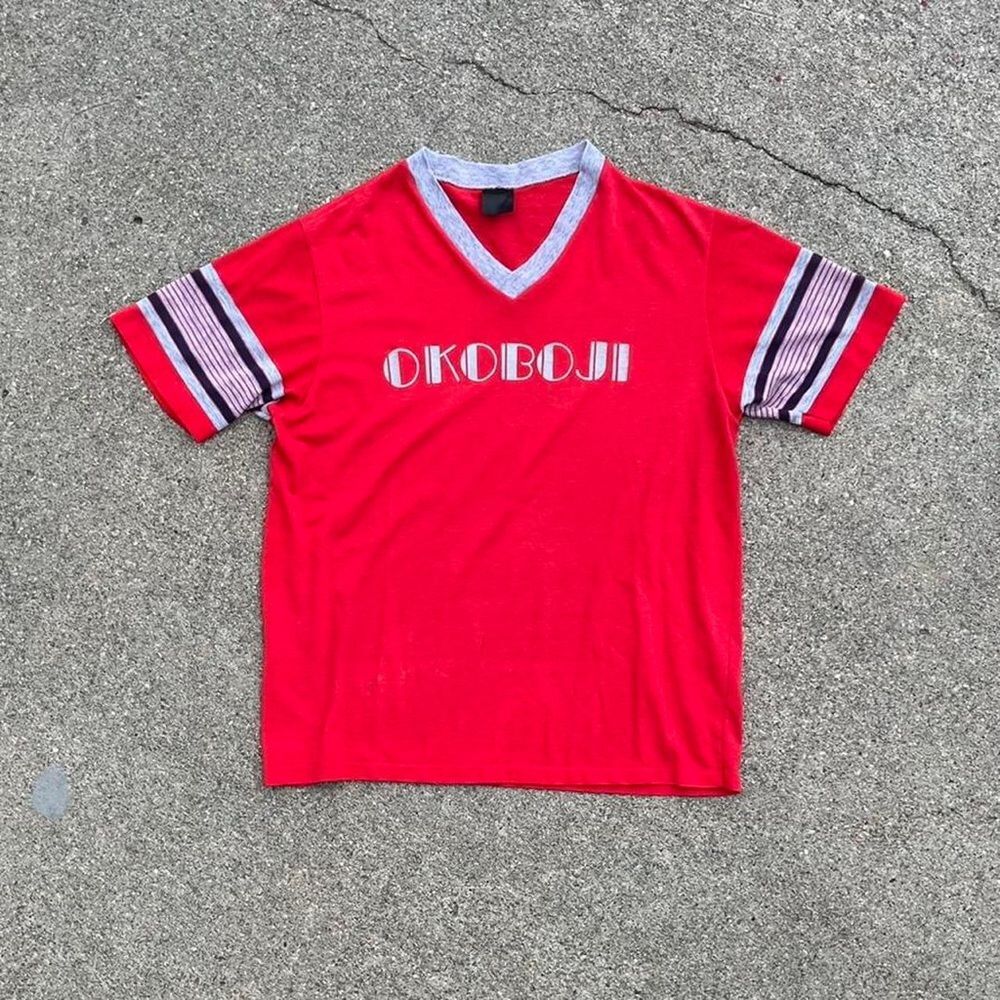 70s Vintage Single Stitch Okoboji Cotton Stripe Retro Ringer Tee Shirt